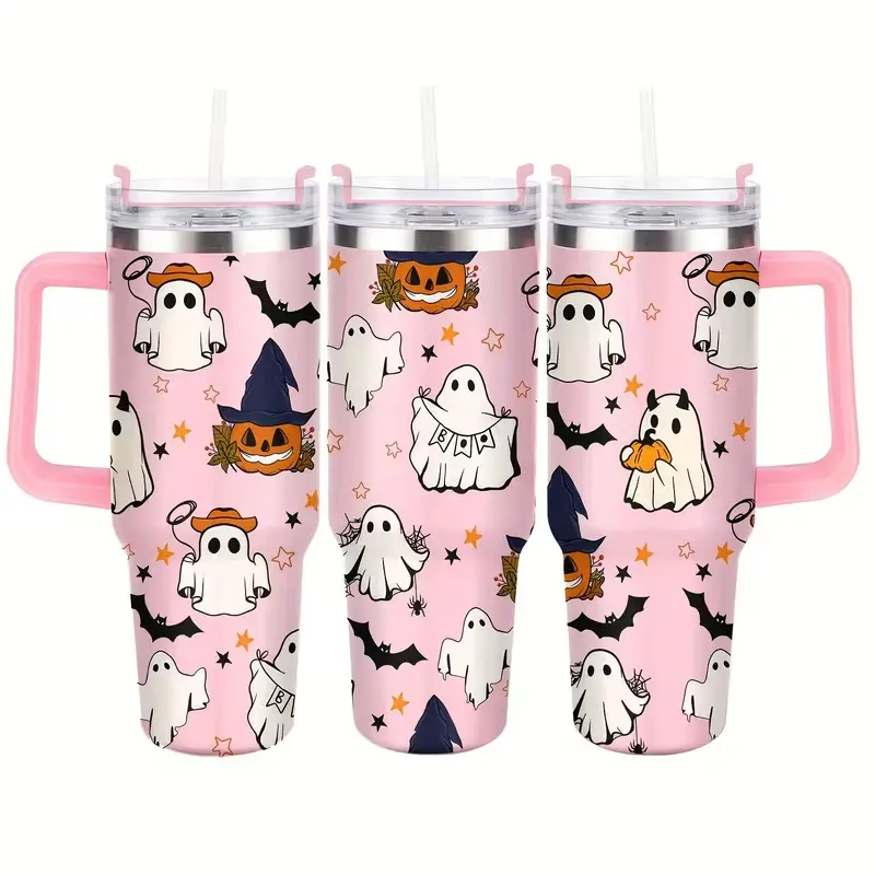Spooky -Themed 40oz Stainless Steel Tumbler with Lid - Double Wall Insulated, Break-Resistant Water Bottle for All Seasons - Perfect for Outdoor Adventures & Halloween Gifts