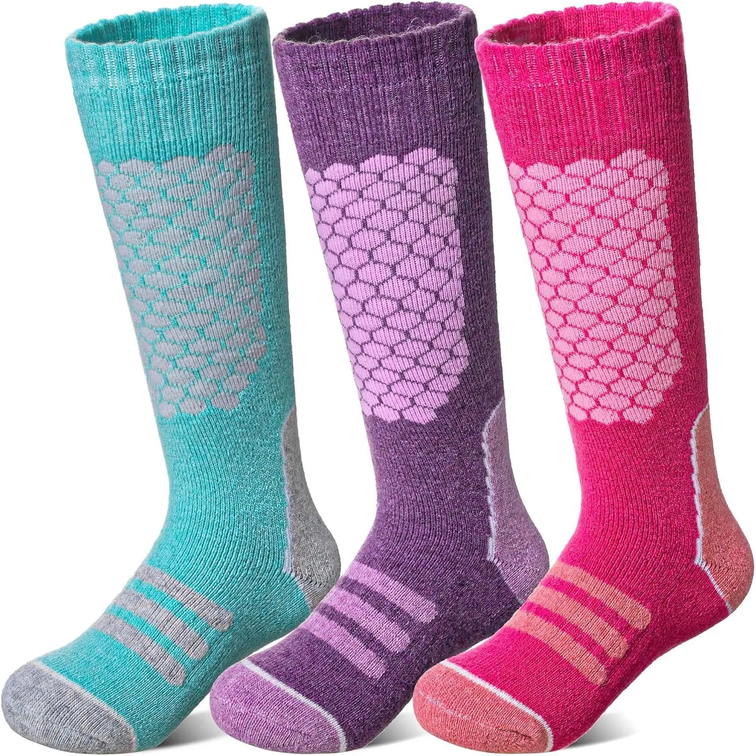 L-BN010    Kids Merino Wool Ski Socks Boys Girls Thick Winter Warm Thermal Hiking Snowboarding Knee high Socks 3 Pairs