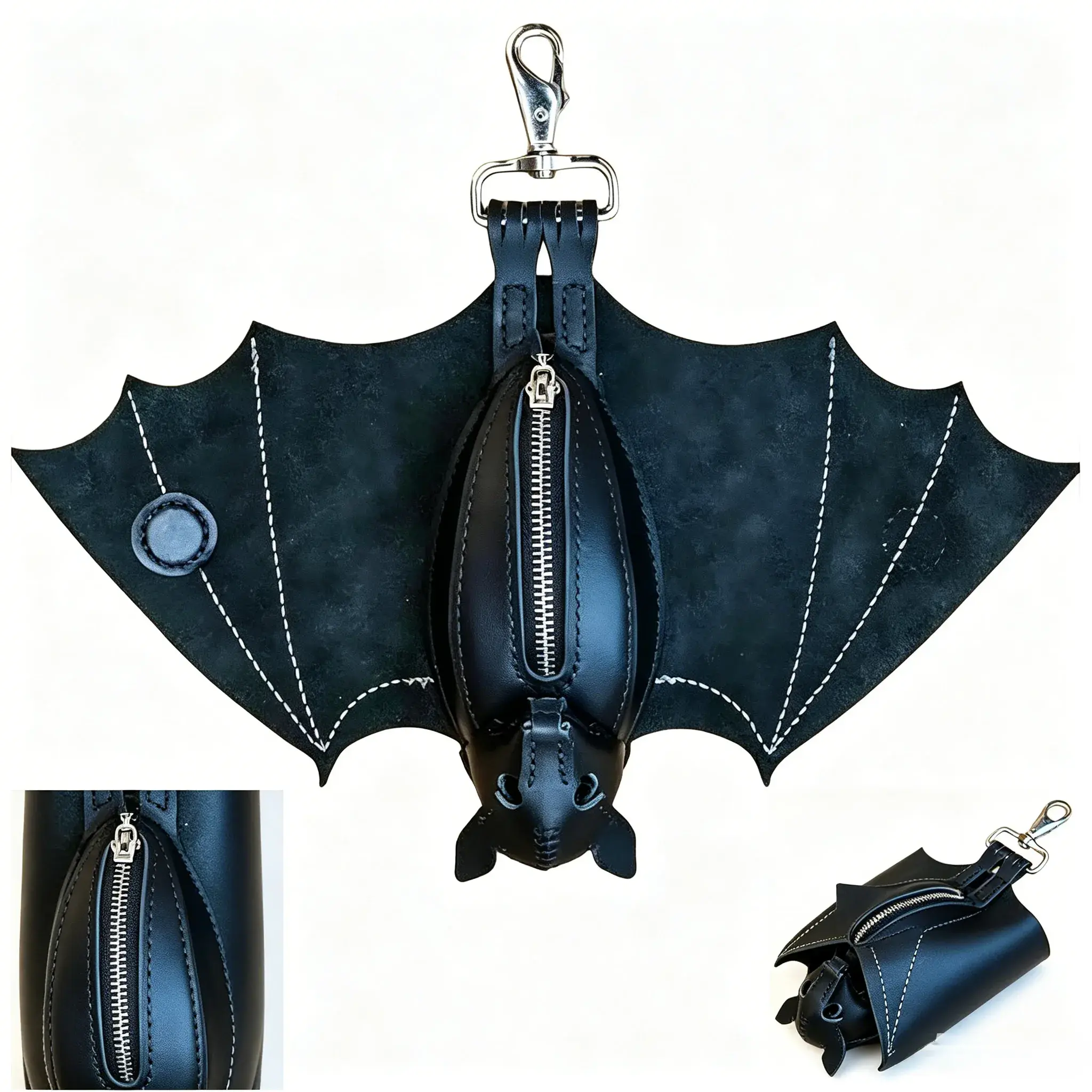 Leather Bat Coin Purse Handmade Folding Bat WalletwithExpandable Retractable Wings Gothic RealisticUpsideDown Bats Purse with Zipper Pocket DecorativePortableKeychain Wallet 1pc useful accessories men'saccessories Card Coin Pouch