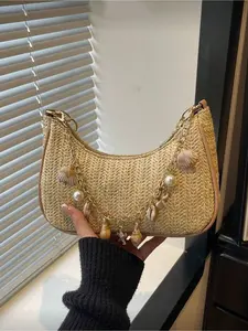 Women Summer Beach Straw Bag Cute Shell Pearl Chain Shoulder Bag Casual Vacation Mini Woven Handbag