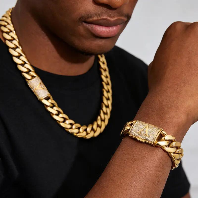 [Viral Set] Men's 14K Gold-Plated Miami Cuban Link Chains Necklace & Bracelet Set  CZ A-Z Initial Clasp, Waterproof Stainless Steel Hip-Hop Jewelry for Men & Women