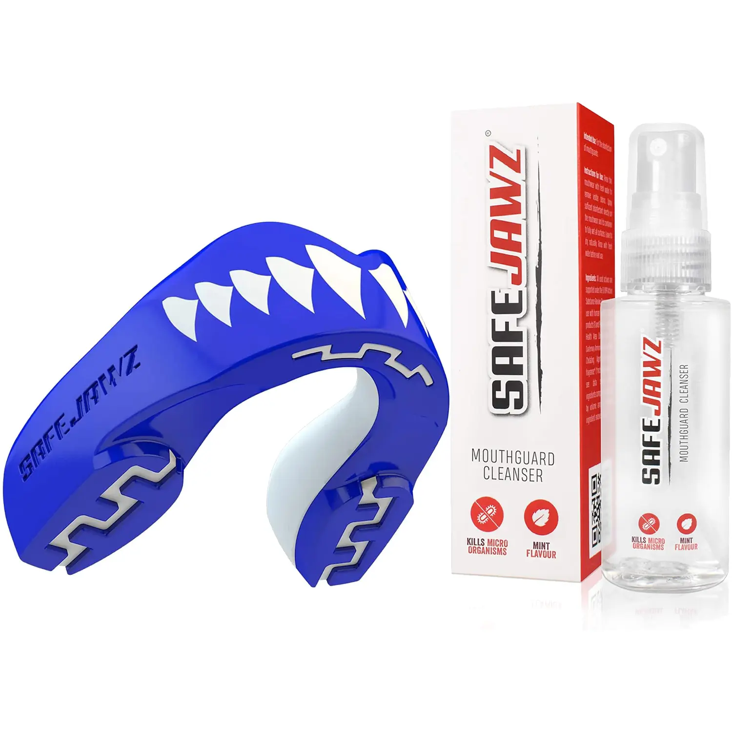 SafeJawz EXTRO Dual Layer Sports Mouth Guard with Case and Disinfectant Spray Bundle for Basketball, Football, MMA, Hockey, Wrestling - Junior - Shark
