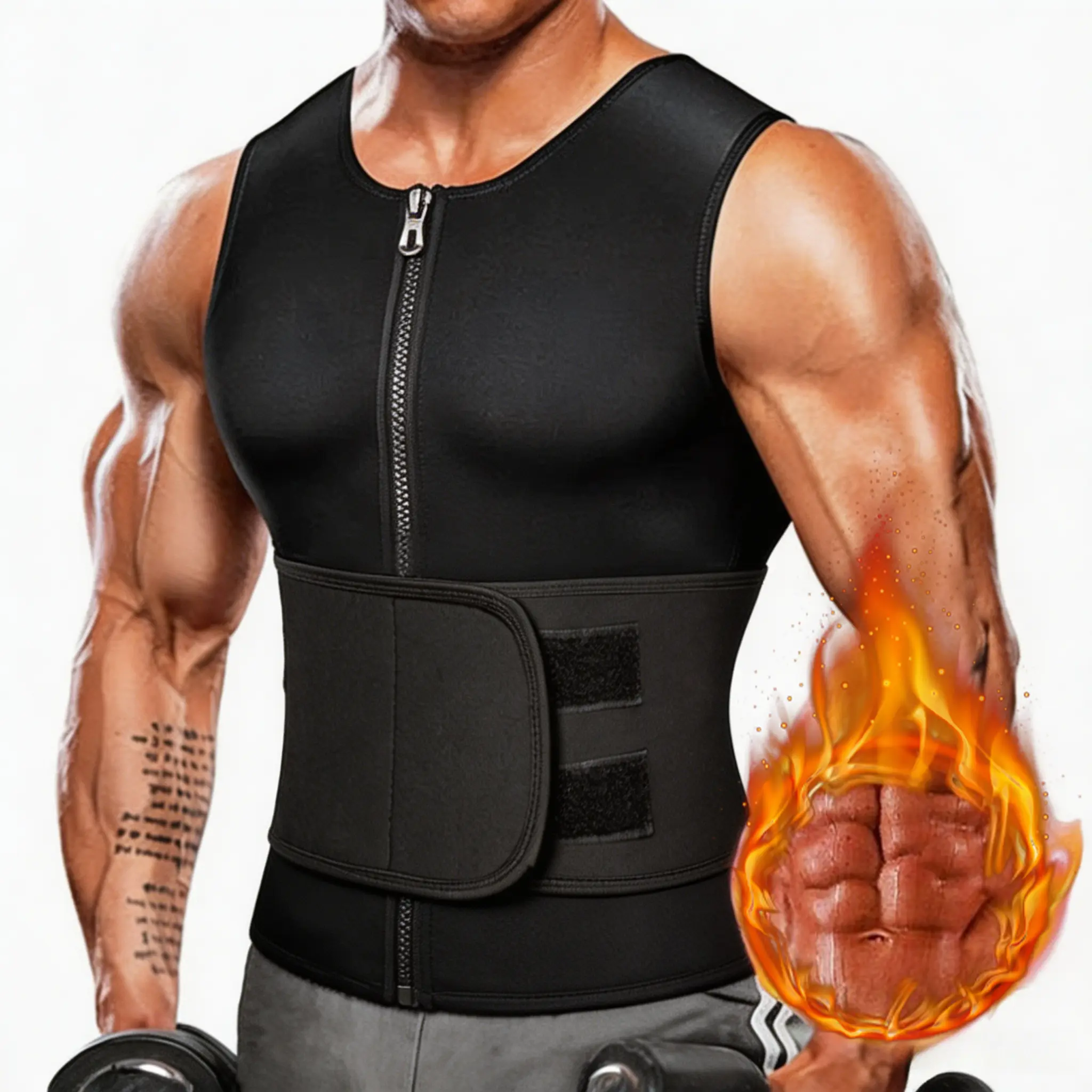 Men's Waist Trainer Vest, Sleeveless Neoprene Sauna Sweat Body Shaper with Adjustable Belt and Zipper for Workout & Tummy Control, Sweat Management Men's Sports Vest, Compression Sleeveless Men's Sports Vest