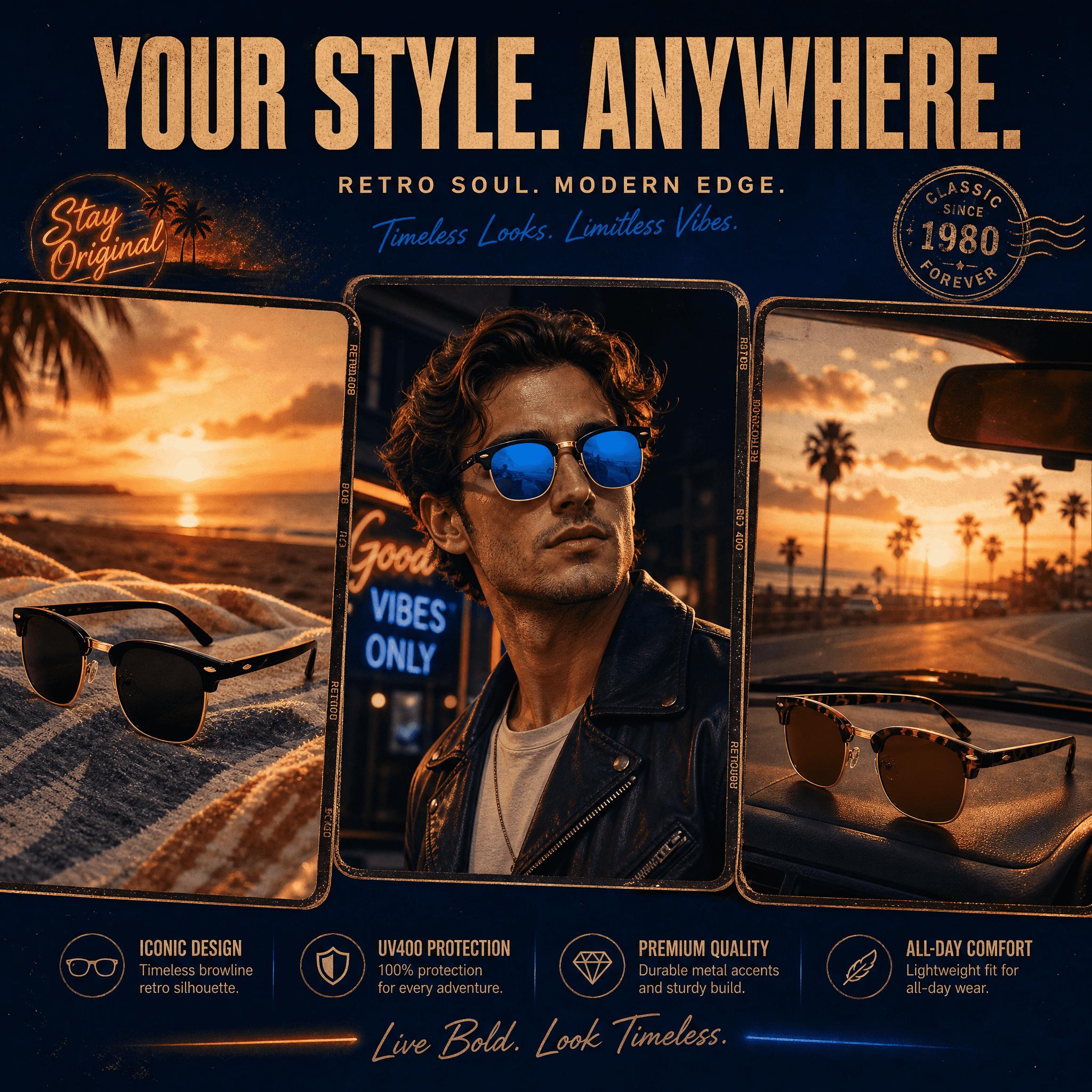 Iconic Clubmaster Sunglasses UV400 Certified, Lightweight,Universal Fit for All Face Shapes, Multiple Lens Options