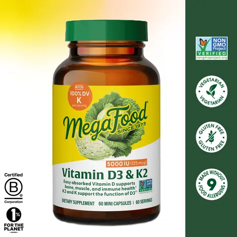 MegaFood Vitamin D3 5000 IU (125mcg) + K2 Dietary Capsules - High Potency, Easily Absorbed - Gluten-Free, Non-GMO, Vegetarian Antioxidant Supplement - Bone, Immune Health Support for Adults - Daily Nutrition - 60 Servings