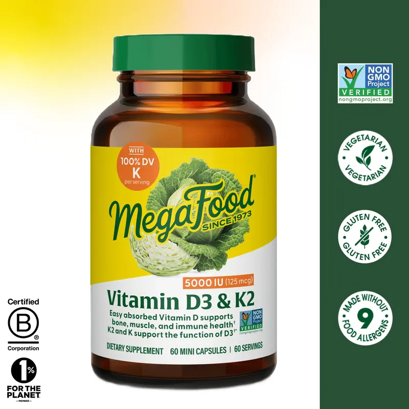 MegaFood Vitamin D3 5000 IU (125mcg) + K2 Dietary Capsules - High Potency, Easily Absorbed - Gluten-Free, Non-GMO, Vegetarian Antioxidant Supplement - Bone, Immune Health Support for Adults - Daily Nutrition - 60 Servings