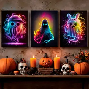 3 Counts Wooden Framed Canvas, Colorful Neon Ghost Poster, Halloween Home Poster, Halloween Party Decorations, Living Room And Bedroom Hanging Paintings, Horror Theme, Interesting Posters, Exquisite Gifts, High-Definition Art
