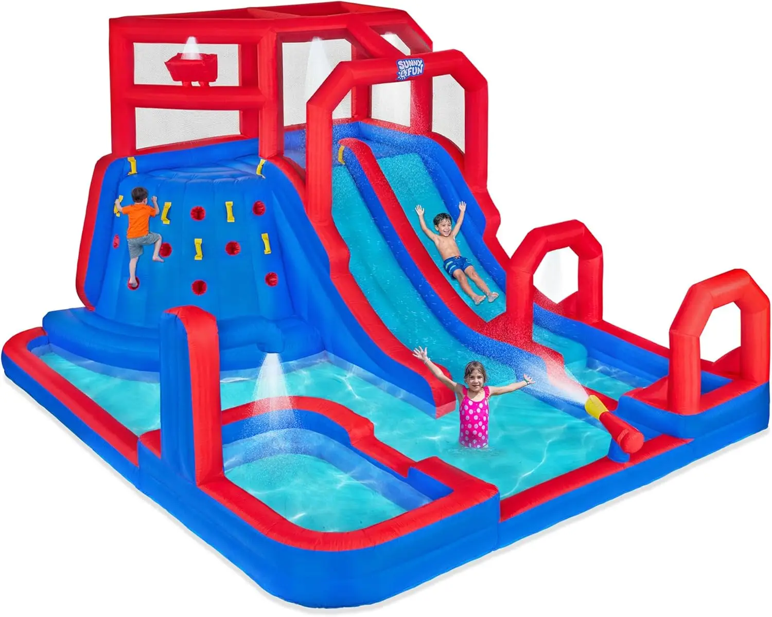 SUNNY & FUN Mega Climb N’ Go Inflatable Water Slide Park with Two Slides | Heavy-Duty Oxford Blow-Up Water Park for Kids Backyard with Deep Splash Pool, Air Blower & Carry Bag | Easy Setup & Drainage