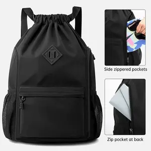 Drawstring Backpack Beach Sackpack for Men Women With Two Water Bottle Holder