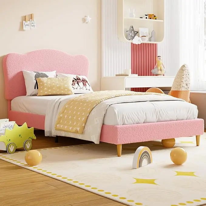 Upholstered Bed Frame with Scallop Headboard, Cute Velvet Twin Bed for Girls, Boys, Sturdy Platform Bed, No Box Spring Needed, Wooden Slats, Noise Free