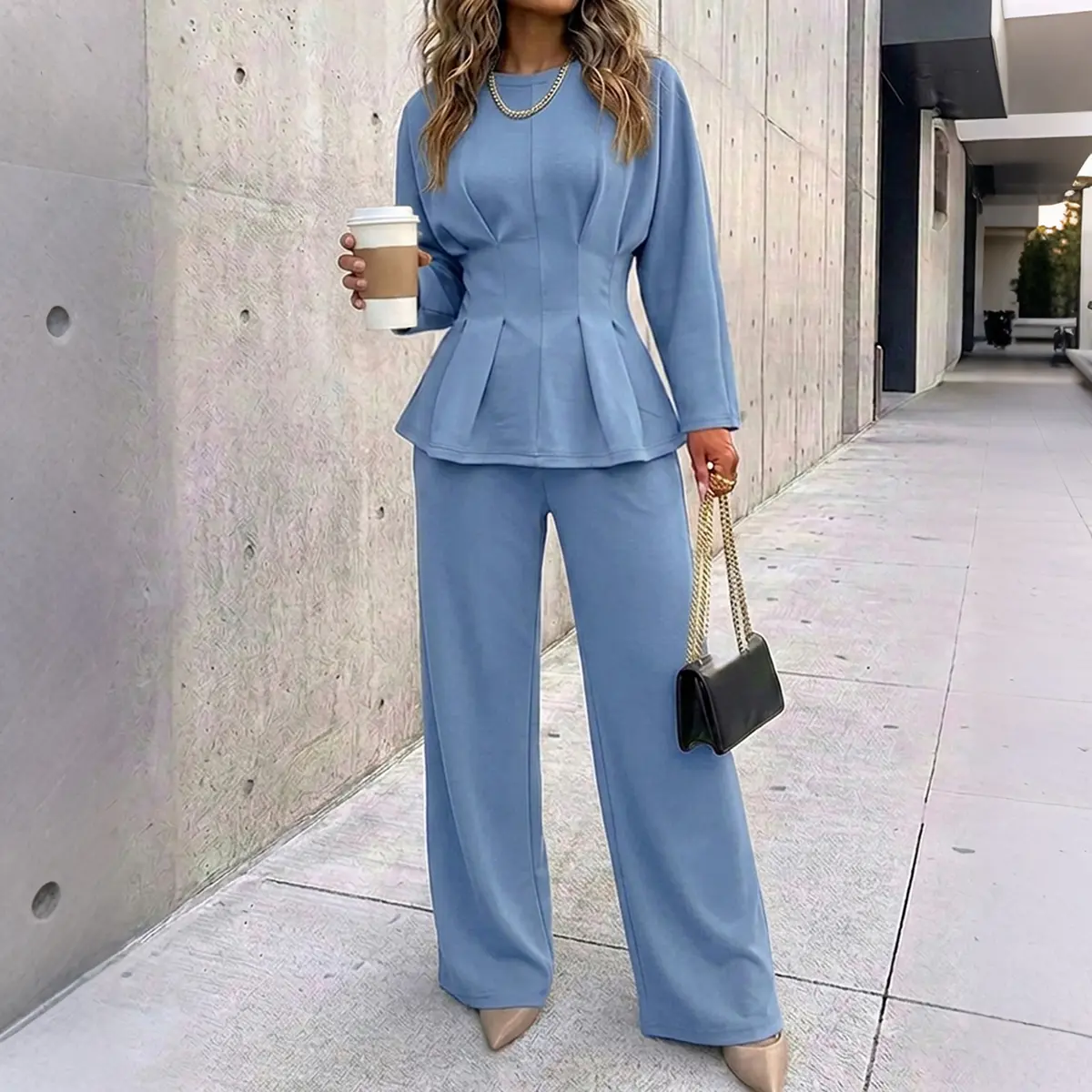 CHICME Women's 2 Piece Outfits Cinched Waist Long Sleeve Top and High-Waist Wide-Leg Pants Loose Commuting Set