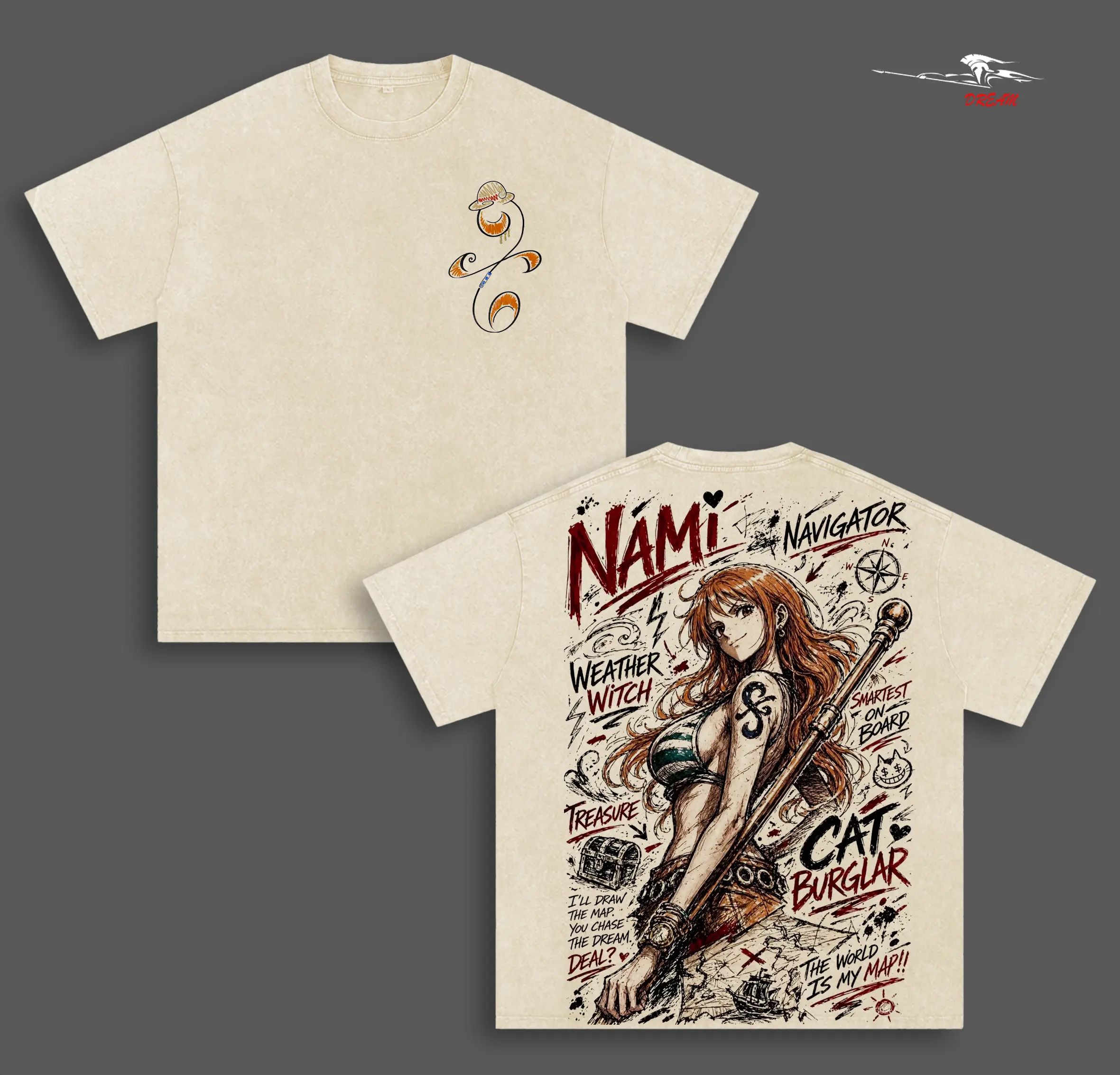 Nami Anime Double Printed Vintage Washed Tee Unisex Oversize Anime Manga Washed Heavyweight Cotton T-shirt