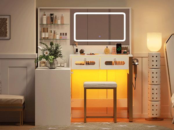CollaredEagle Rectangular Wood Makeup Vanity Desk - Freestanding Modern Aesthetic Vanity with LED Lighted Mirror, Drawers, Storage Cabinet, Charging Station, Cosmetic Organizer & Matching Stool (White/Black)