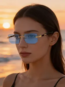 Women's Trendy Rimless Square Sunglasses, Gold Metal Frame Fashion Shades, Sleek Design Glasses for Beach, Summer & Holiday Gift