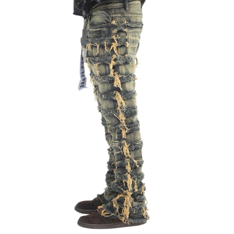 Dark Blue Vintage Tint Wash Stacked Flare Jeans Double Layer Frayed Street Style Denim with Distressed Look