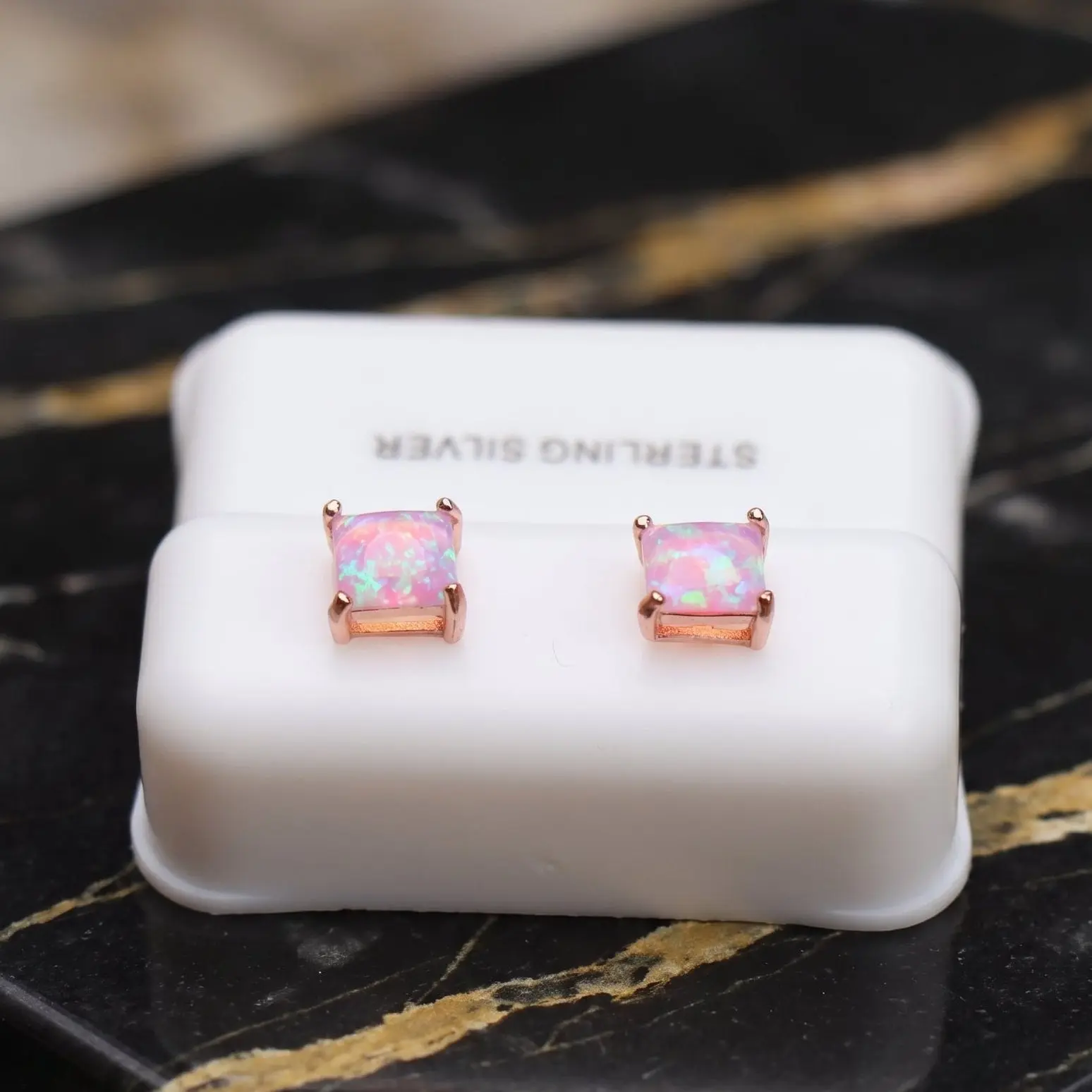Pink Fire Opal Square Earrings Rose Gold Over 925 Sterling Silver Lab Created
