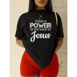 100% Cotton Women's Short Sleeve T-Shirt, Beige Crew Neck Top with "Jesus Power" Inspirational Letter Print, Medium Stretch & Non-See-Through Fabric, Machine Washable, All-Season Artistic Casual Womenswear for Daily Comfort