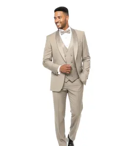 Sand Taupe Three-Piece Tuxedo for Men – Satin Lapel Wedding & Formal Tuxedo
