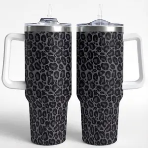 40oz Black Leopard Print Tumbler with Handle & Straw – Stainless Steel Insulated Travel Coffee Mug for Men & Women