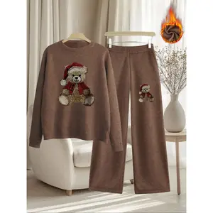 Women’s Christmas bear print thick knit sweater set, loose fit round neck long sleeve top, high waist straight leg pants two-piece suit