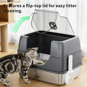 Enclosed litter box with flip-top lid, stainless steel large lid litter box, high-rimmed metal litter tray with litter scoop, odor-proof, leak-proof, and easy to clean. black friday special, Stainless Steel Litter Box,summervibes outdoorfun