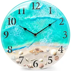 Coastal Nautical Glass Wall Clock with Seashell Design and Aesthetic Beach Theme -  Operated Silent Wall Decor for , Kitchen, Living Room, Office, Bedroom, or Bathroom (12 Inch,Teal)