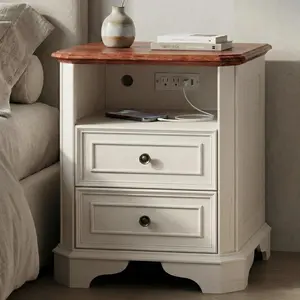 24" Tall White Nightstand with Charging Station, Modern Farmhouse Bedside Table with 2 Drawers and Open Shelf, Traditional Wood End Table with Outlets and USB Ports