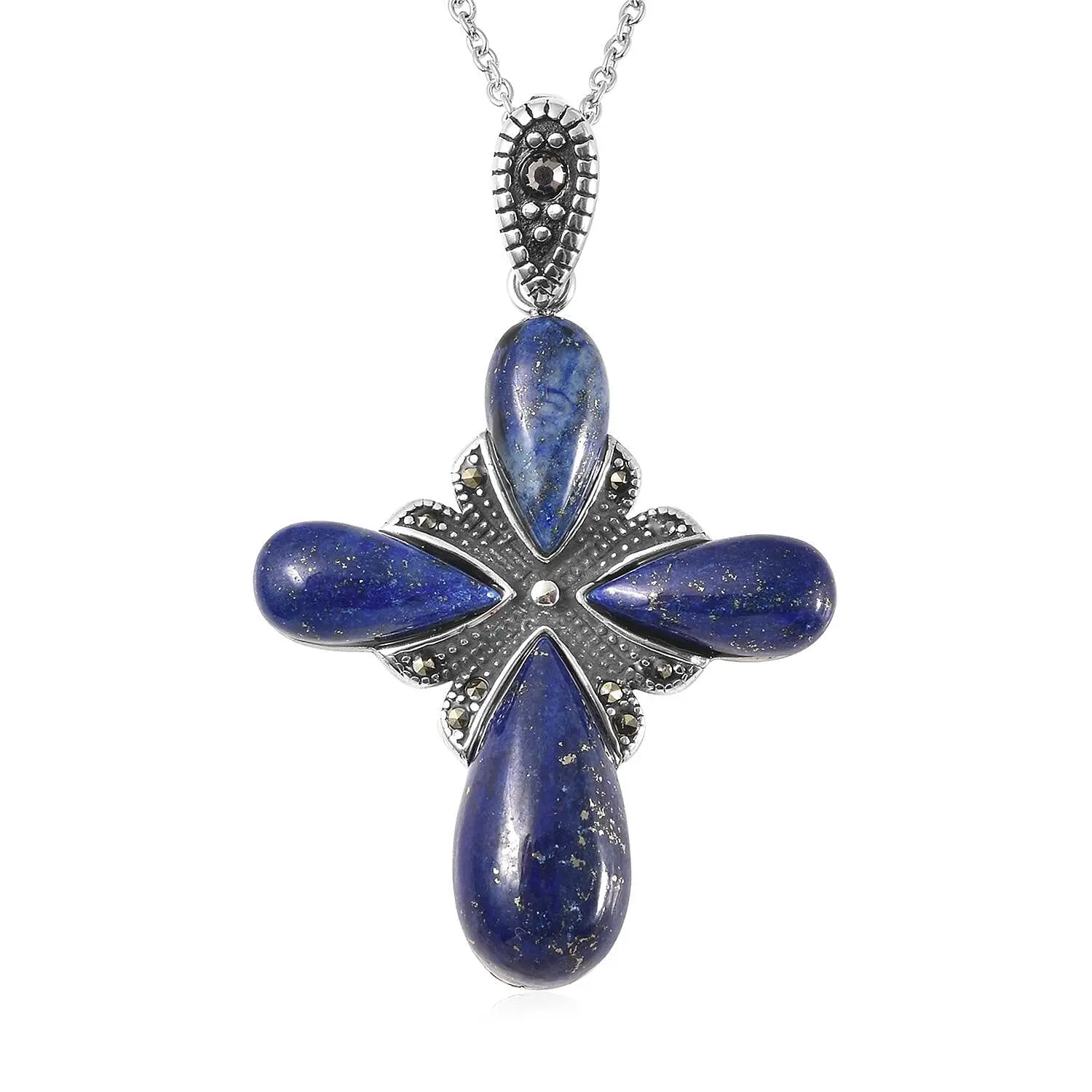 23.00 ctw Lapis Lazuli and Swiss Marcasite Cross Pendant Necklace 20 Inches in Black Oxidized Stainless Steel