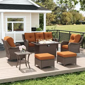 LayinSun 7 Piece Wicker Outdoor Furniture Set with 6-inch Comfy Cushions, High Back Patio Furniture Set with Swivel Rocking Chairs and Fire Pit Table