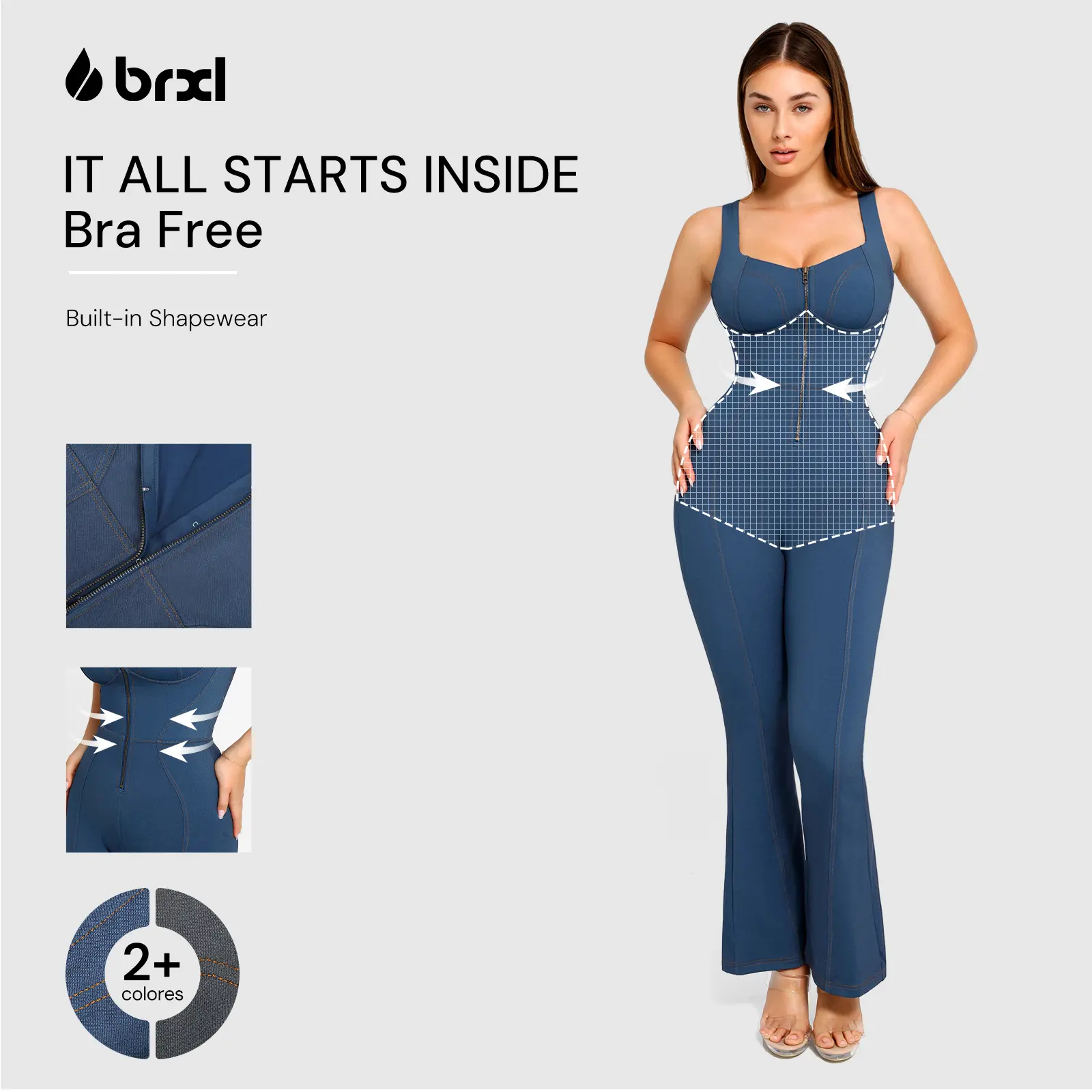 BRXL Women's Faux Denim Strappy Sleeveless Sports Jumpsuit - Casual Solid Plain Polyester Blend Bodycon with Flared Legs, Tummy Control, Zip, Fashion