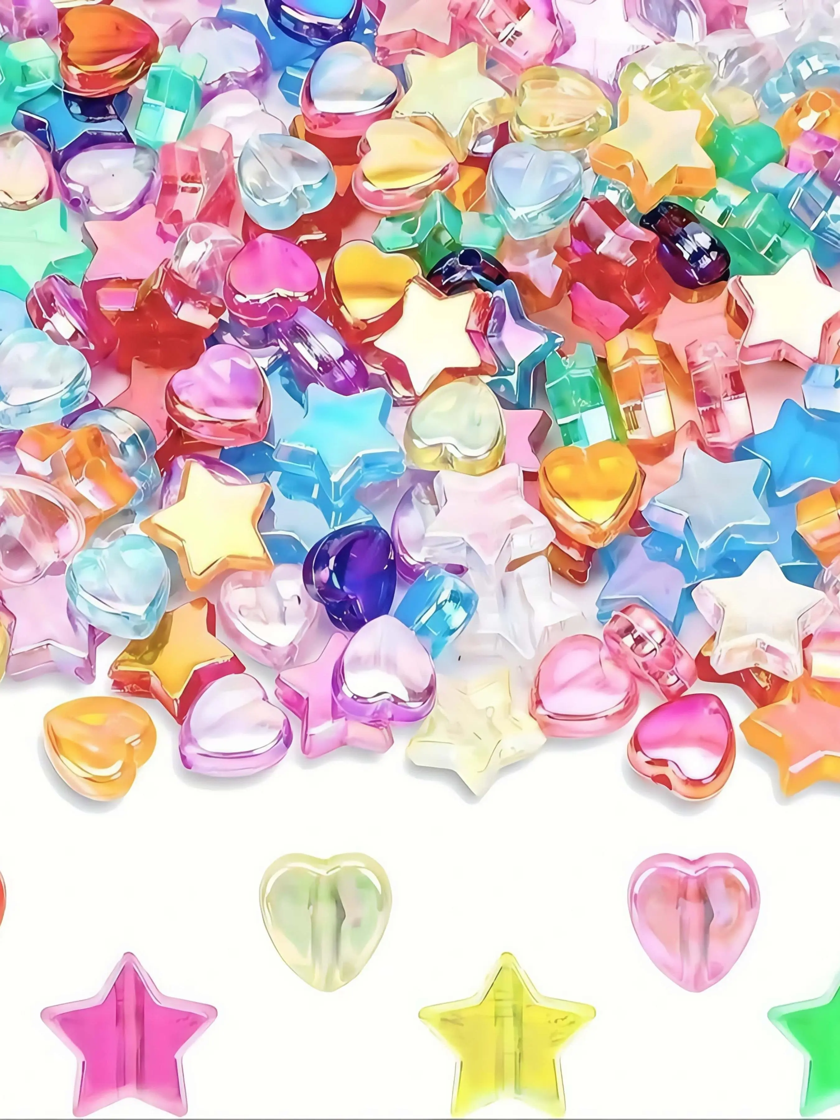 200 Mixed AB Color Acrylic Beads for DIY Jewelry, Bead Making, Beads For Crafts, 10mm Star & 9mm Heart Shapes, Vibrant Glossy and Matte Finish, Beading Making