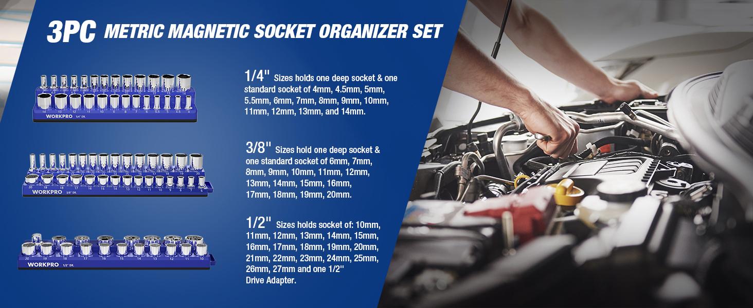 #fathersdaygift WORKPRO Magnetic Socket Organizer Set, 3-Pack Holder Set Includes 1/4", 3/8" and 1/2" Drive Metric Socket Trays, Holds 75 Pieces Standard and Deep Sockets