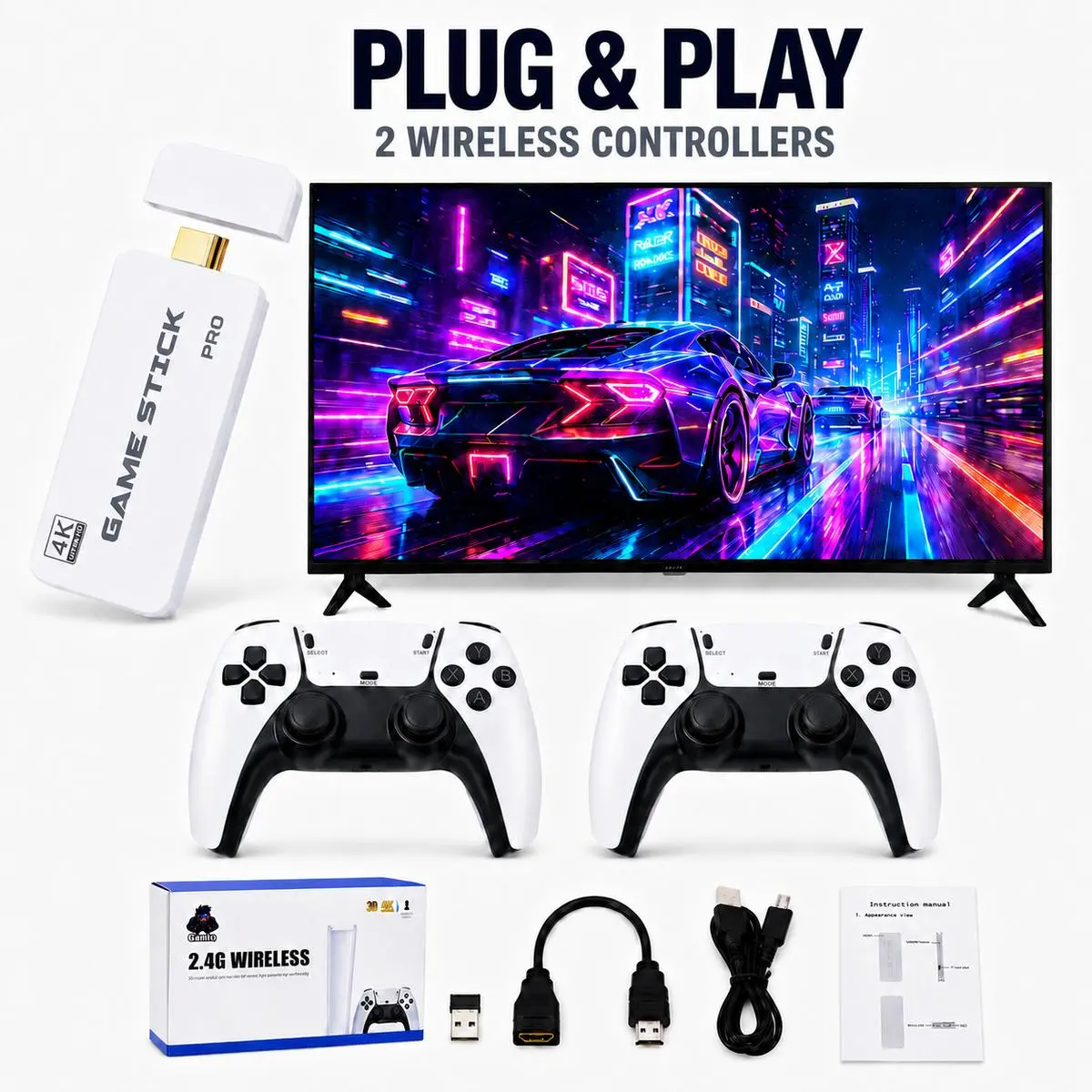 Retro Gaming Console for TV, Wireless Game System with Dual Controllers, Plug & Play Home Gaming Device, Built-in Games, Gift for Kids & Adults