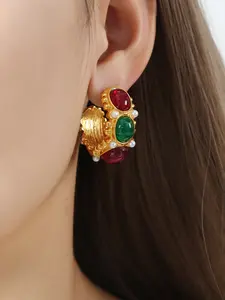 Elegant French Vintage Resin Pearl Hoop Earrings, Luxury Stainless Steel Inlay, Women's Fashion Jewelry Set