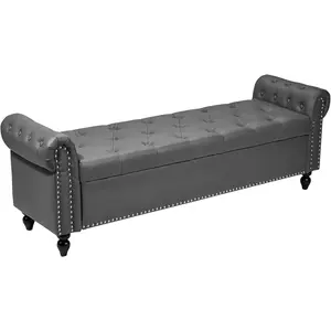 VEVOR Button-Tufted Storage Ottoman Bench, Rolled Arm PU Leather Bench with Solid Wood Legs, Modern Shoe Benches Seat for Entryway, Upholstered End of Bed Benches for Living Room, Dining Room, Gray