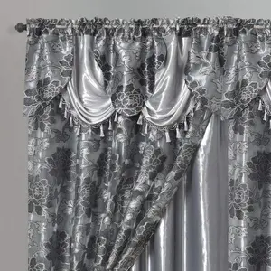 Royal ROSARIUM. Clipped Voile. Voile Jacquard Window Curtain with Attached Fancy Valance and Taffeta Backing. 2 count Set. Each pc 54 inch Wide x 84 inch Drop + 18 inch Valance. (Grey)