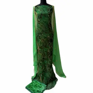 Royal Bloom 3 Pcs Unstitched Chiffon Driya Set in Deep Magenta & Emerald Green with Hand-Beaded Gold Accents for Wedding and Eid Celebrations