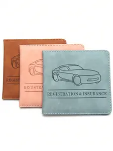 Premium PU Car Insurance Data Document Protector & Business Card Holder - Brown/Pink/Light Blue Color Options, Embossed with Car Silhouette and Text "REGISTRATION" or "REGISTRATION & INSURANCE", Vehicle File Organizer