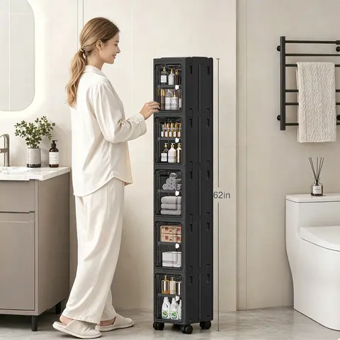 5-Tier Black Slim Narrow Rolling Storage Cabinet Tall Bathroom Organizer with Adjustable Shelves for Small Space Laundry Kitchen