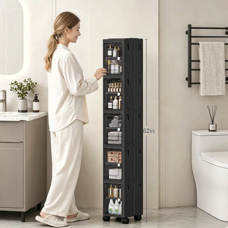 5-Tier Black Slim Narrow Rolling Storage Cabinet Tall Bathroom Organizer with Adjustable Shelves for Small Space Laundry Kitchen