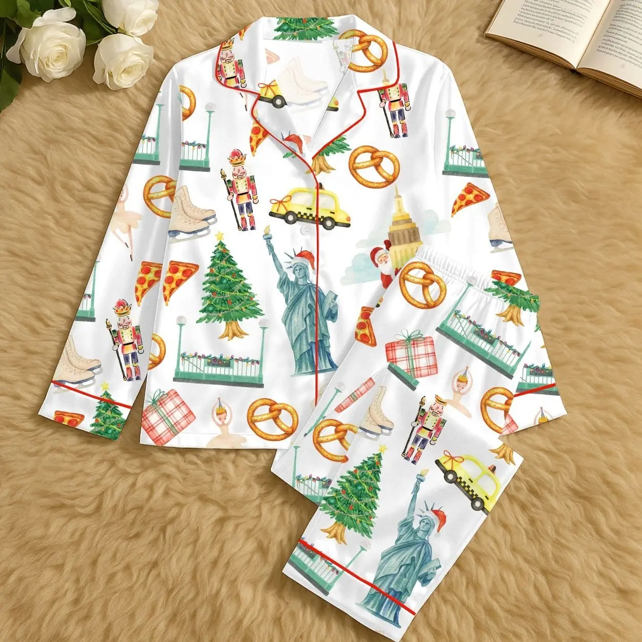 Christmas New York Satin Pajama Set For Women Breathable Lightweight Sleepwear