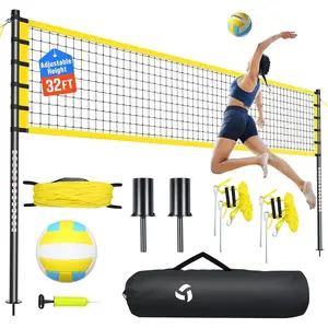 Outdoor Volleyball Net Set for Backyard & Beach, 32FT Regulation Size, Easy Setup Adjustable Height Poles, Portable Net System with PU Volleyball, Pump & Carry Bag