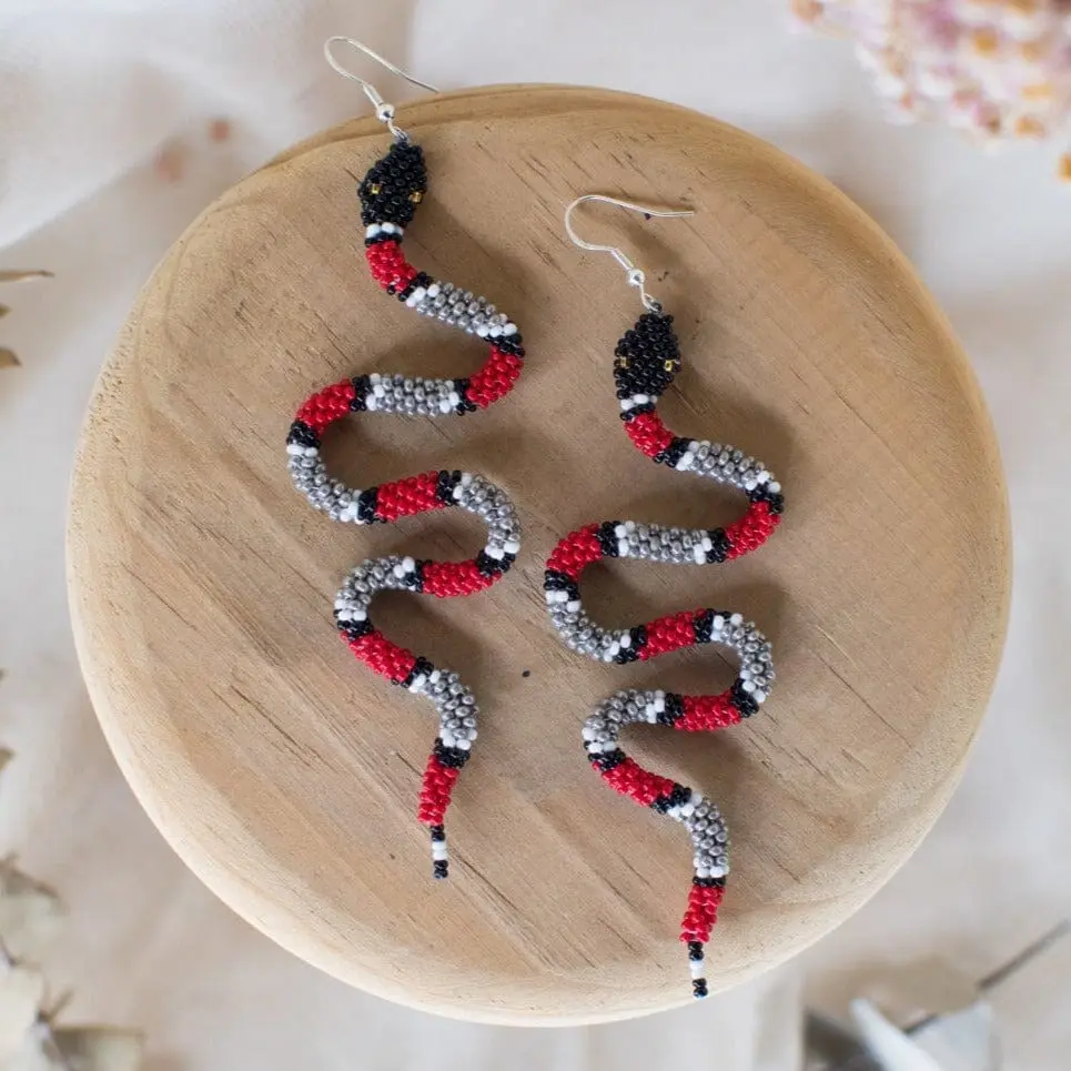 Zelda - Serpent-Inspired Beaded Earrings in Striking Red - Handmade by Huichol Artisans - Mother Sierra