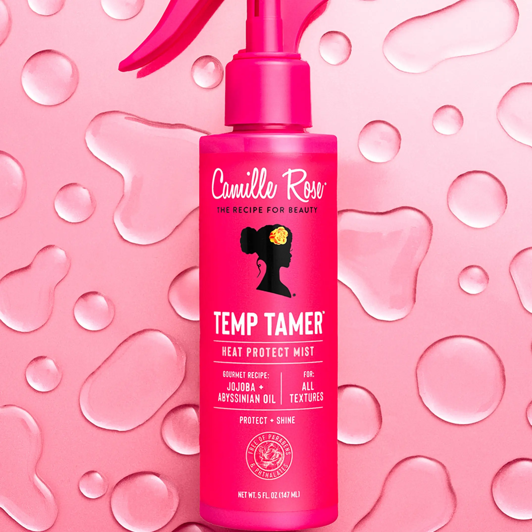 Camille Rose Temp Tamer - 5 Fl Oz Silicone-Free Heat Protectant Blowout Spray with Jojoba, Avocado & Abyssinian Oils for Thermal Protection, Frizz Control, High-Gloss Shine - Curly, Coily & Wavy Hair, All Textures (Haircare Heat Protectant)