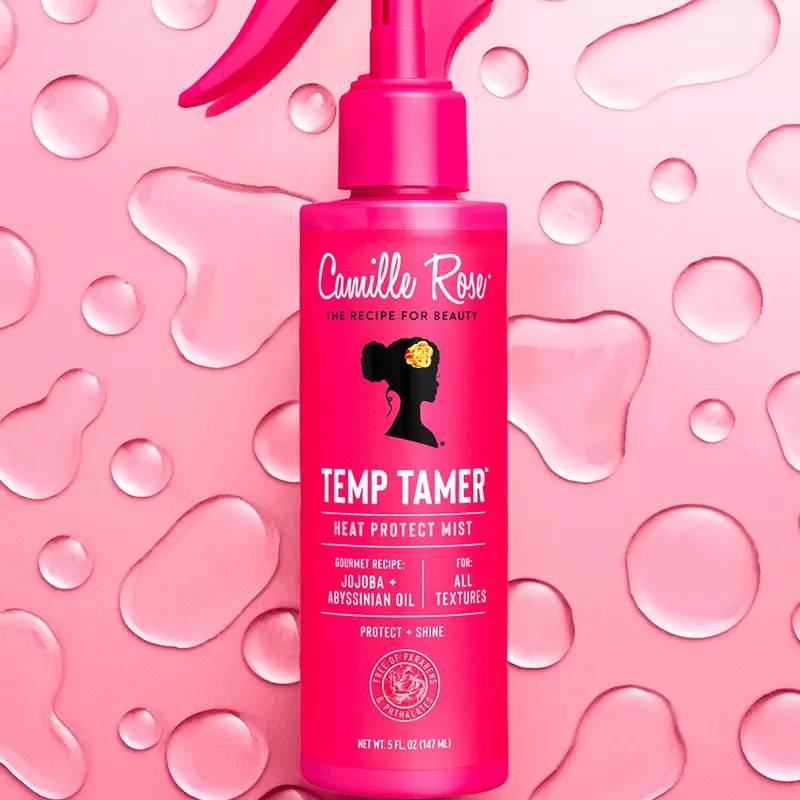Camille Rose Temp Tamer - 5 Fl Oz Silicone-Free Heat Protectant Blowout Spray with Jojoba, Avocado & Abyssinian Oils for Thermal Protection, Frizz Control, High-Gloss Shine - Curly, Coily & Wavy Hair, All Textures (Haircare Heat Protectant)