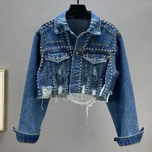 2000s chic women’s denim jacket/coat with studs, beads, frayed edges, ripped diamond-pattern beadwork, worn holes—high-waisted streetwear outerwear