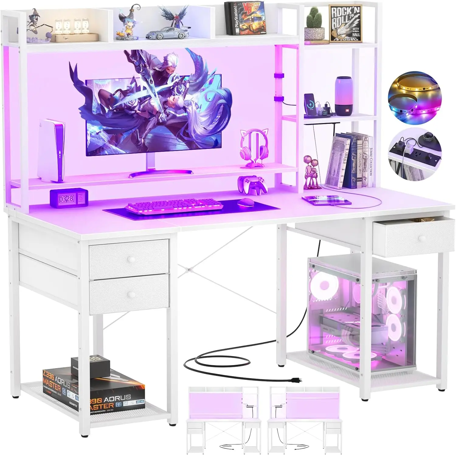 Desk with LED and Outlets, Gaming Desk with Hutch, Computer Desk with Drawers, Reversible office desk with storage bookshelf Large Workstation Desk with Shelf, Desk for Home Height Adjustable Desk Ergonomic Desk Chair Monitor Stand, summergarden