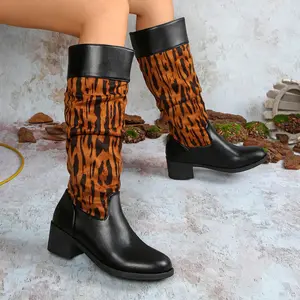 Women's Large Size Vintage Patchwork Winter Boots with Ruched leg, Chunky Heel & Round Toe - Long Boots for Cold Weather, TPR Sole (Hand Wash/Dry Clean) - New 2025 Style for Jeans/C Dresses