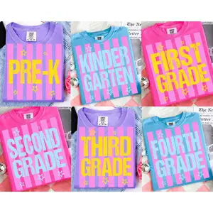 Comfort Colors Neon Striped School Coquette 2027 T Shirt, Striped Summer School Shirt, Kinder Garten Teacher, 2nd 3rd 4th Grade, Back To School Shirt, Full Size, Full Colors - Squirrel Corner