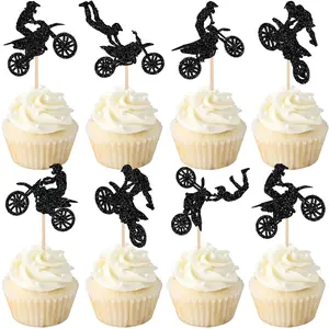 24 PCS Black Glitter Motorcycle Dirt Bike Cupcake Toppers for Sports Motocross Theme Man Boy Birthday Party Cake Decorations Supplies